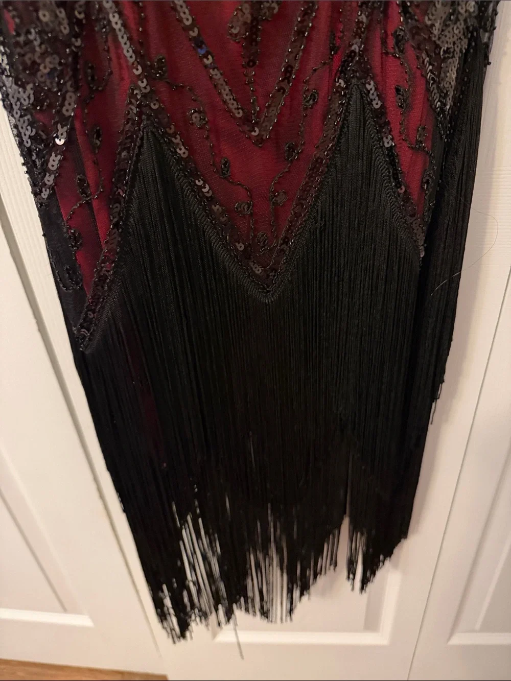 Beaded Burgundy Fringe Flapper Dress with Feather Detail - Picture 4 of 4